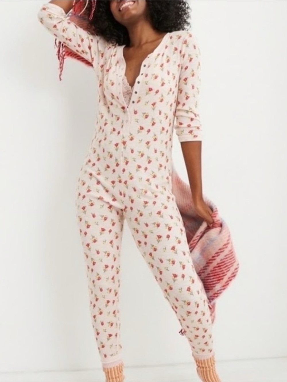 Aerie Pink Floral Waffle Sleep Romper Onesie Size XS Women’s